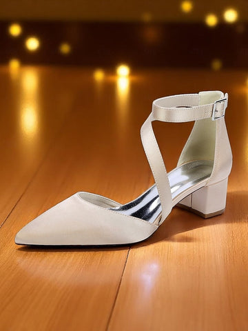 Women's Champagne Pointed Block Heels Satin Toe - FashionChic