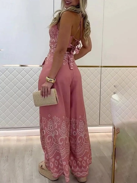 Women's Active Boho Blouse Pants Sets Sleeveless Halter