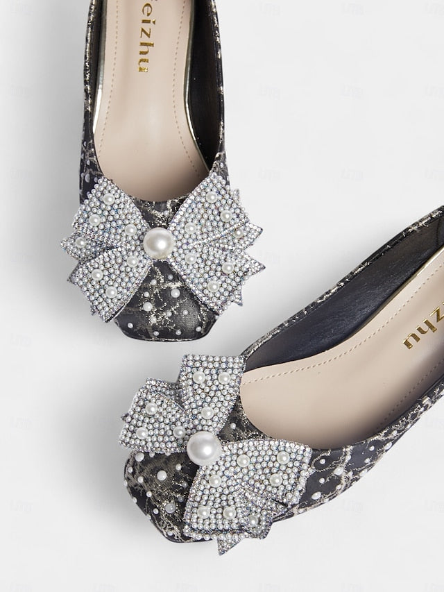 with Gold – Pumps Detail Pearl-Embellished and Bow Black FashionChic