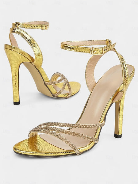 Gold Sandals Open-Toe Women for Stiletto Rhinestone-Embellished FashionChic