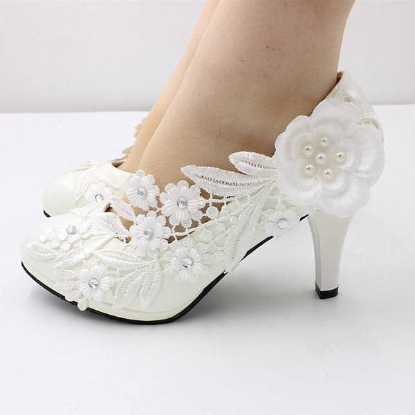 Women's Lace Wedding Floral Embellishments White Heels – FashionChic