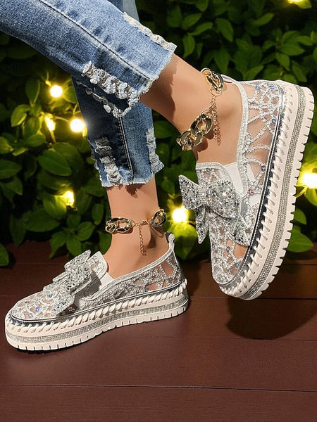Women's Rhinestone Black Shoes Bow Lace with Slip-On FashionChic
