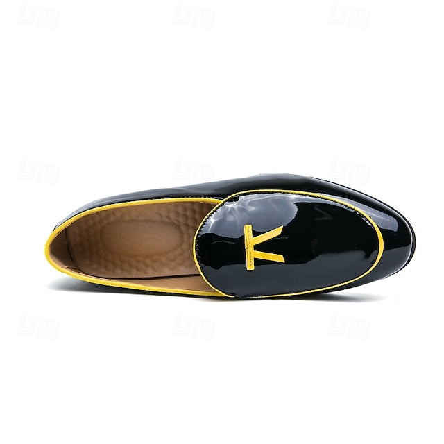with Leather Patent Yellow Black Faux Men's Loafers Trim FashionChic
