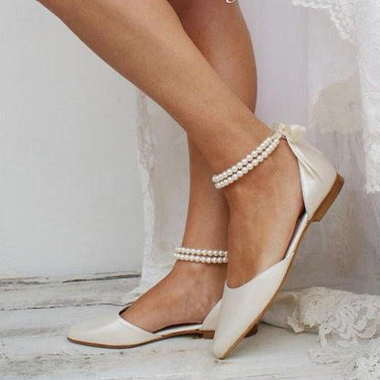 Bridal Pearl Women's Strap Elegant – White Flats Ankle FashionChic