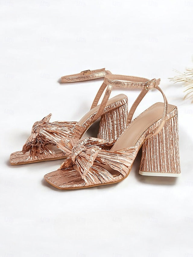 Gold Textured and Knot Heel with Sandals Detail Rose Block FashionChic