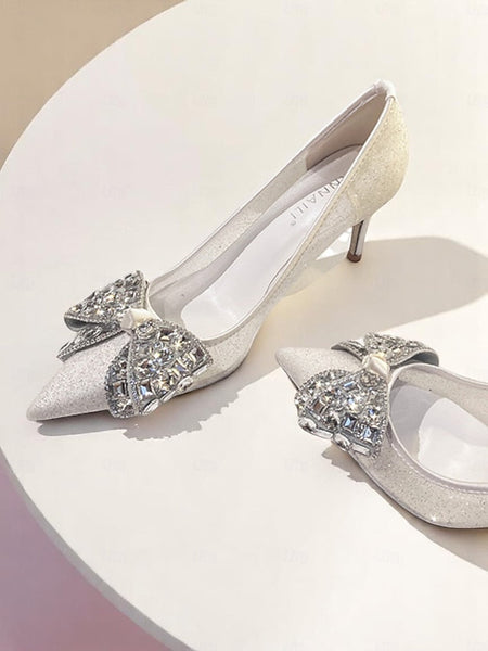 Bow High Rhinestone Heels with Glitter Women's FashionChic
