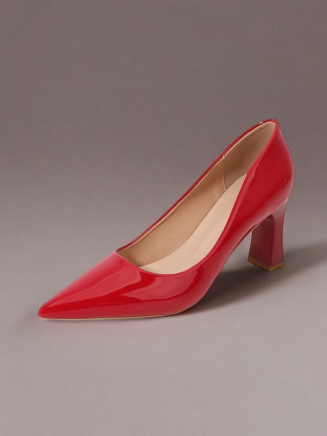 Pointed-Toe Glossy Patent Leather Heel Green Pumps Faux Block FashionChic