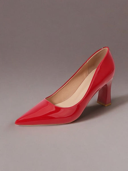 Pointed-Toe Glossy Patent Leather Heel Green Pumps Faux Block FashionChic