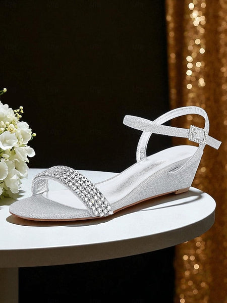 - Women's Champagne Rhinestone Sandals Open Toe Wedge FashionChic
