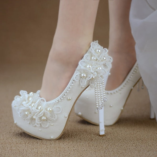 Wedding Platform White with Lace Floral Heels Women's FashionChic
