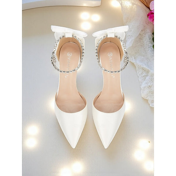 Toe Satin and with Pointed Bow Heels Ivory Women's Stiletto FashionChic