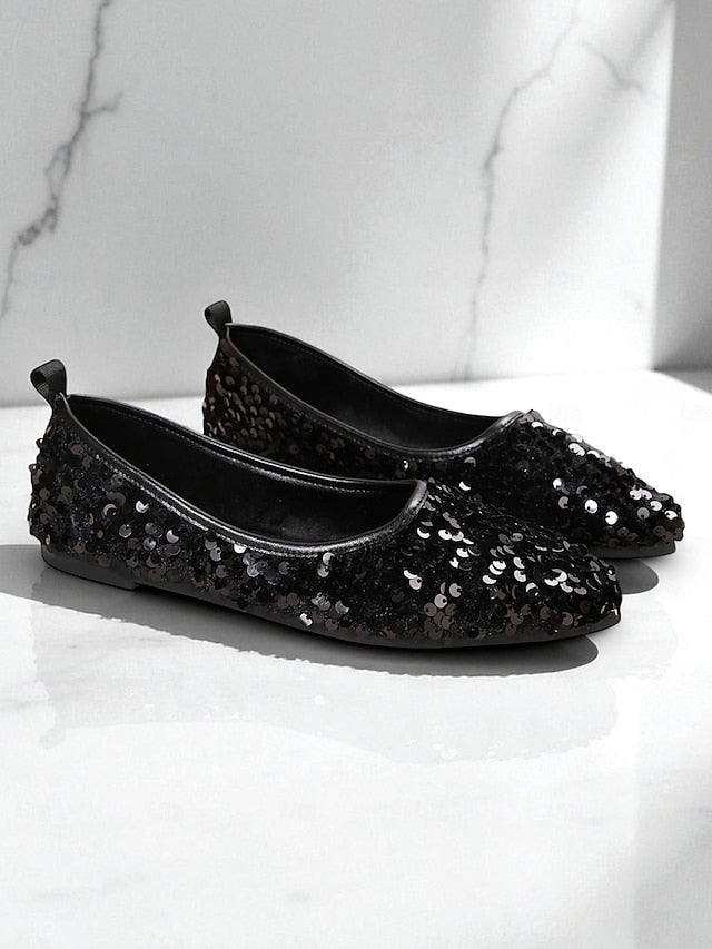 Flats Toe Women's Black Sequin Sparkly - Ballet Pointed FashionChic