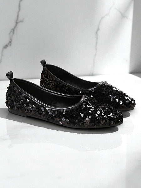 Flats Toe Women's Black Sequin Sparkly - Ballet Pointed FashionChic
