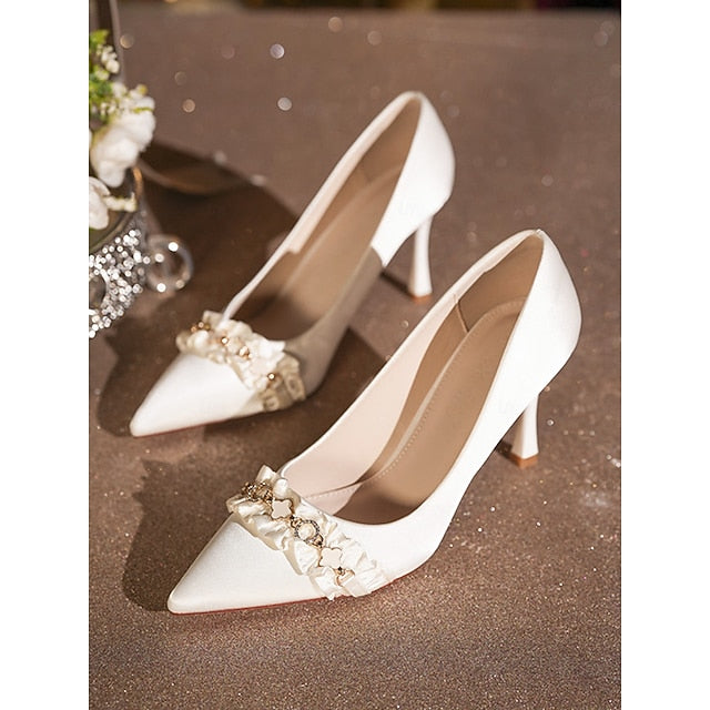 Satin with Pointed Heel Ruffle High Pumps Toe Women's White FashionChic