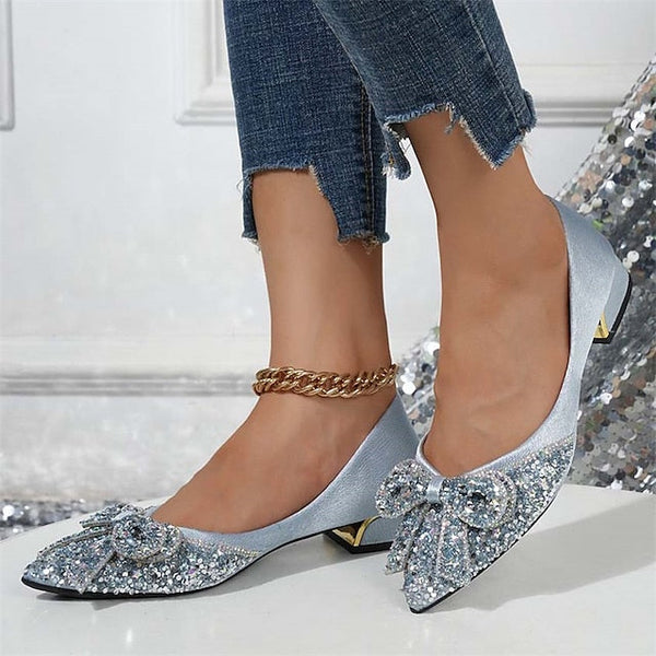 with - Women's Elegant Detail Rhinestone Glitter Flats Bow FashionChic