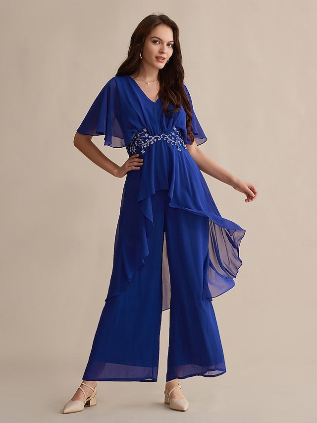 Embroidered Wedding Sequin Flare Guest Chiffon Blue Royal Cuff FashionChic