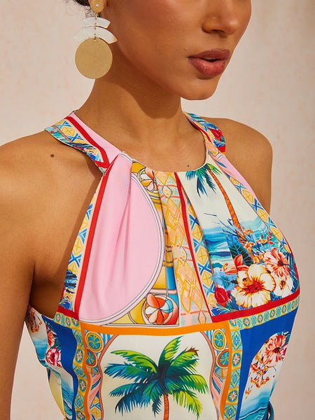Vacation Geometric Floral Print Waist-cinching Sleeveless Satin FashionChic