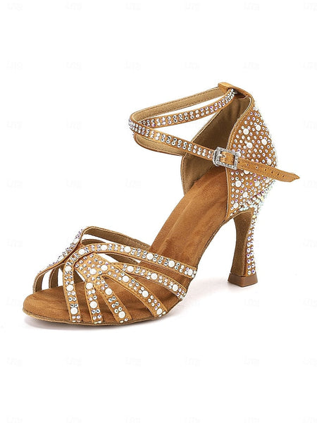 High Latin Rhinestone-Embellished Tan Sandals with Heel Dance FashionChic