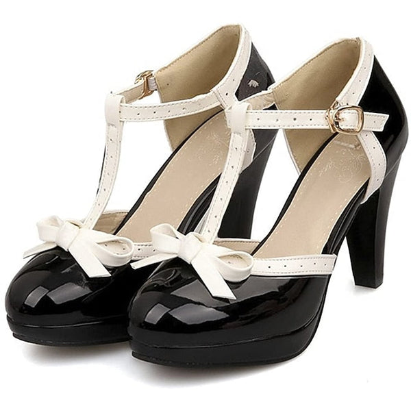 High T-Strap Patent Heels Women's Black White Leather with FashionChic