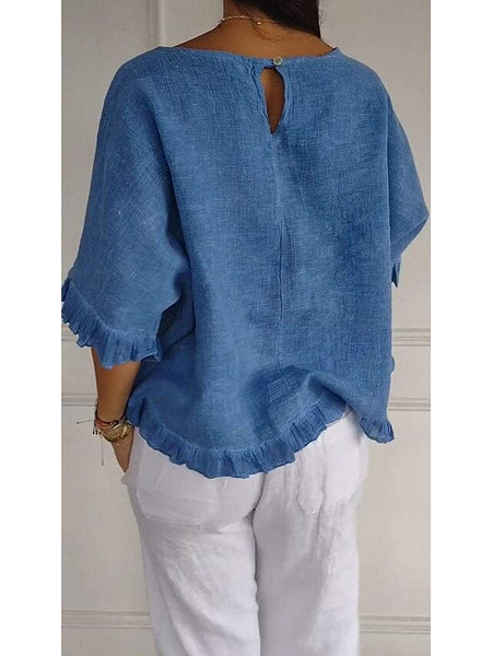Women's Cotton Linen Blouse Solid Color Stylish Casual Half FashionChic