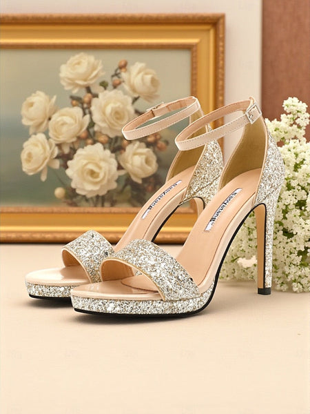 High Glitter with Strap Silver Sandals Ankle Heel Women's FashionChic