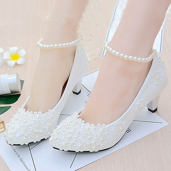 Lace Floral Women's White Wedding Pearl Heels – Decorated FashionChic
