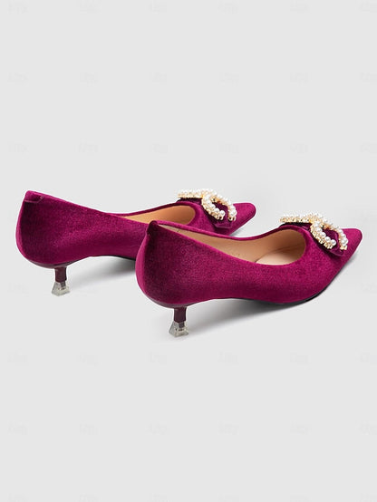 Velvet Kitten Pearl with Burgundy Bow Heel - Women's Pumps FashionChic