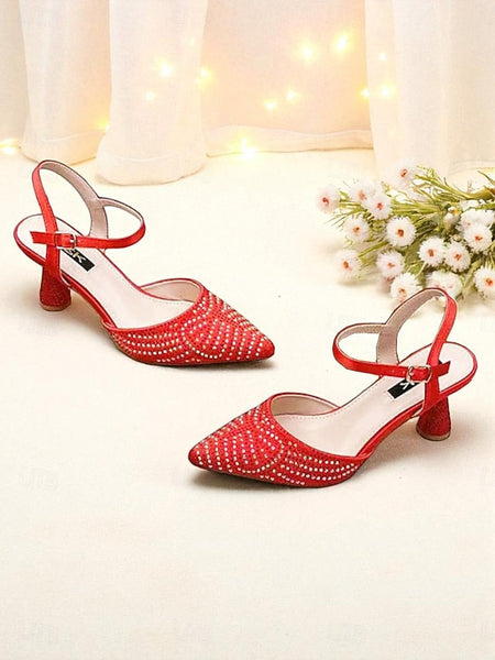 Rhinestone Women's Slingback Red Heels Pointed Toe FashionChic