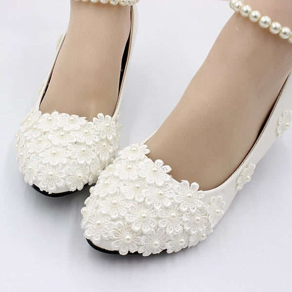 Lace Floral Women's White Wedding Pearl Heels – Decorated FashionChic