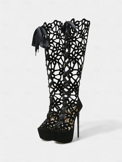 Sexy Stiletto Cutout High Peep Knee Platform Boots Women's FashionChic