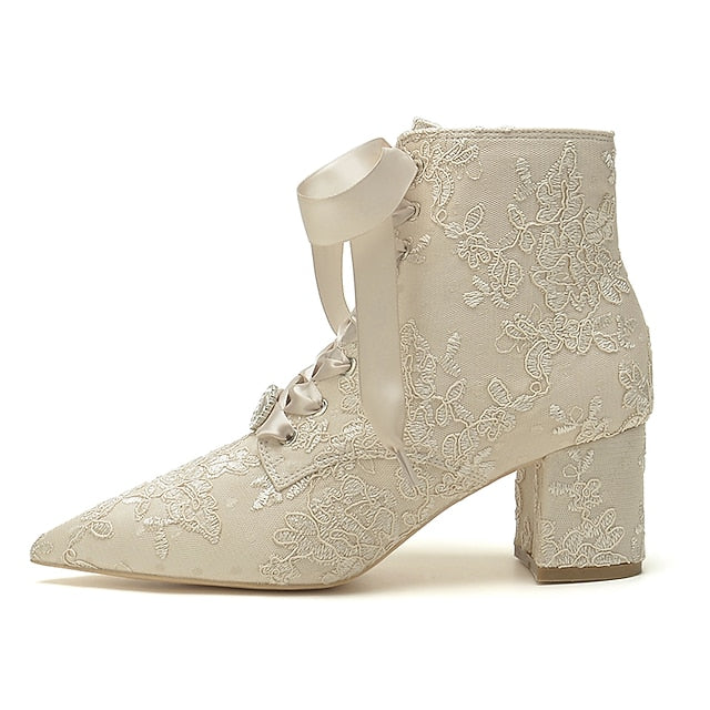 Women's Lace-Up Bridal Embroidered Floral White – Booties FashionChic