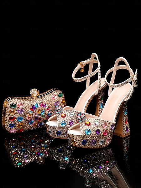 with Heel Women's Matching Rhinestone Platform Sandals High FashionChic