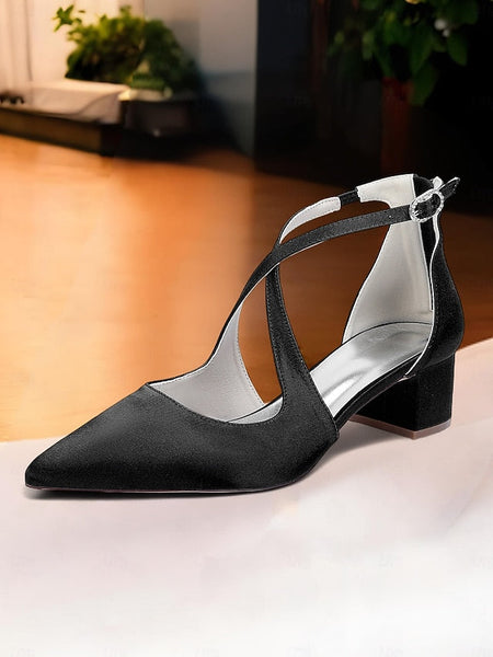 Satin - Block Pointed Toe Women's Heels Elegant Ivory FashionChic