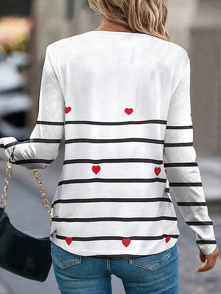 Women's T shirt Crew Neck Long Sleeve Tunic Heart Striped FashionChic