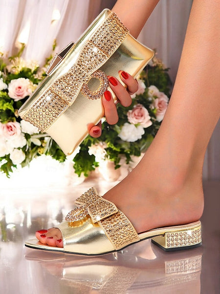 Rhinestone with Flat – Gold Matching Bow Clutch Sandals FashionChic