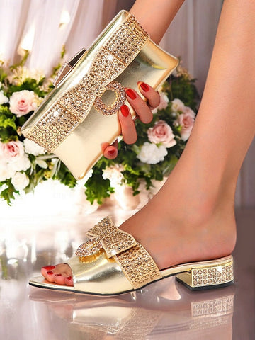 Rhinestone with Flat – Gold Matching Bow Clutch Sandals FashionChic