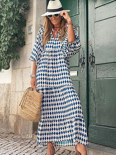 Women's Geometric Print V Neck Lantern Sleeve Maxi Dress FashionChic