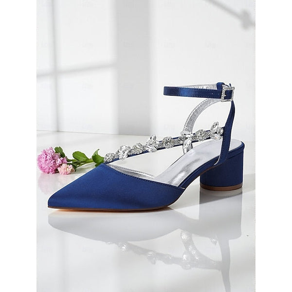 Purple Heel Pumps Women's Satin Block with Rhinestone FashionChic
