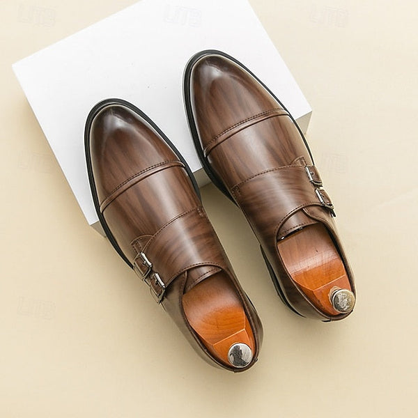 Brown Strap Dress Men's Monk Shoes – Faux Leather Double FashionChic