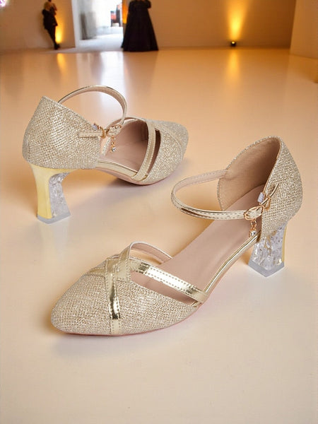 Ankle Elegant Strap Heel Pumps Gold Block Glitter Women's - FashionChic