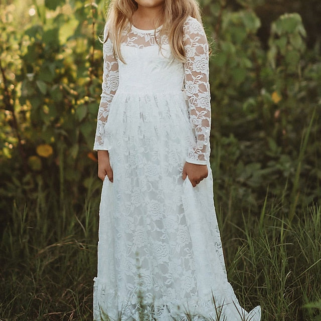Girl Flower Colored Dress Girls' Long Kids Solid FashionChic