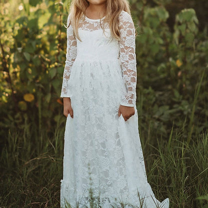 Girl Flower Colored Dress Girls' Long Kids Solid FashionChic