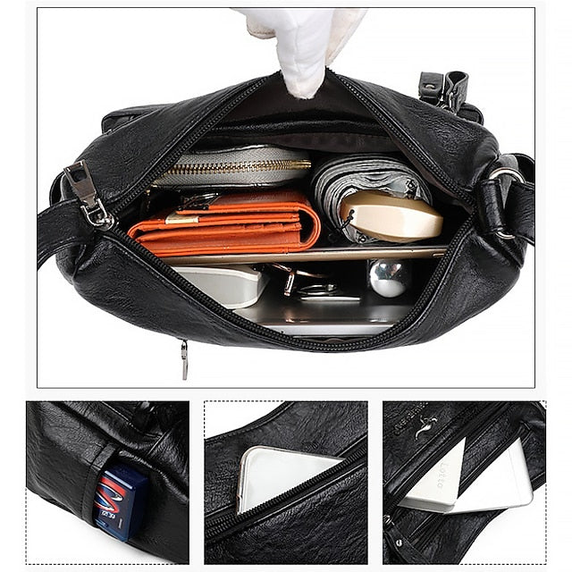 Shoulder Women's Bag Leather Black – Faux Multi-Pocket FashionChic
