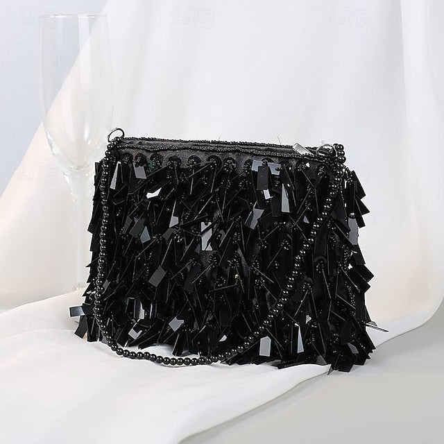 Clutch with Black Evening Crystal and Fringe Sparkling Luxurious FashionChic