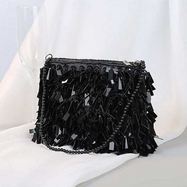 Clutch with Black Evening Crystal and Fringe Sparkling Luxurious FashionChic