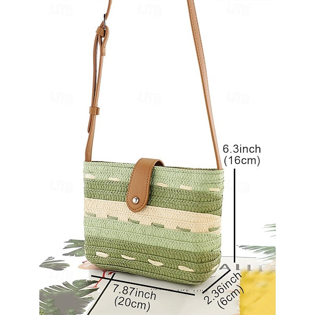 Woven with Women's Colorblock Straw Striped Brown Tote Bag FashionChic