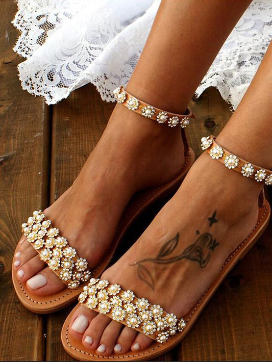 Beaded Ankle Chic Floral Flat with Boho for Straps Sandals FashionChic