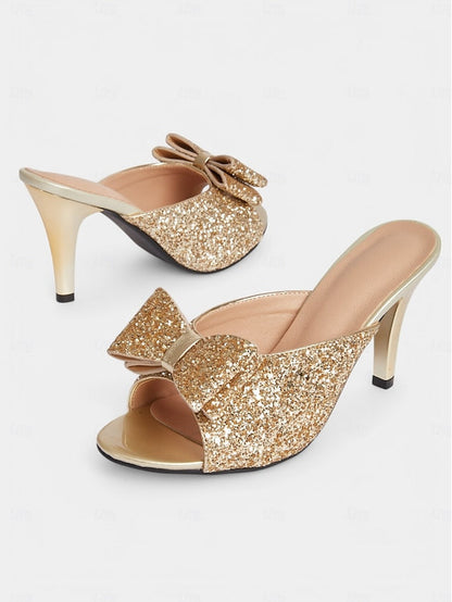 Bow Glamorous – Party Women's Gold Glitter Stiletto Mules FashionChic
