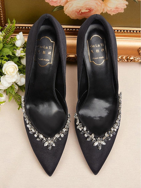 Women's Heels Crystal with Toe Embellishment Satin Pointed FashionChic