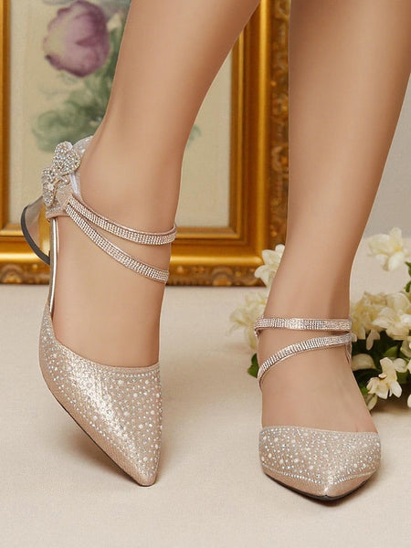 Glitter Rhinestone Low Heel Women's Toe Pointed Ankle Strap FashionChic